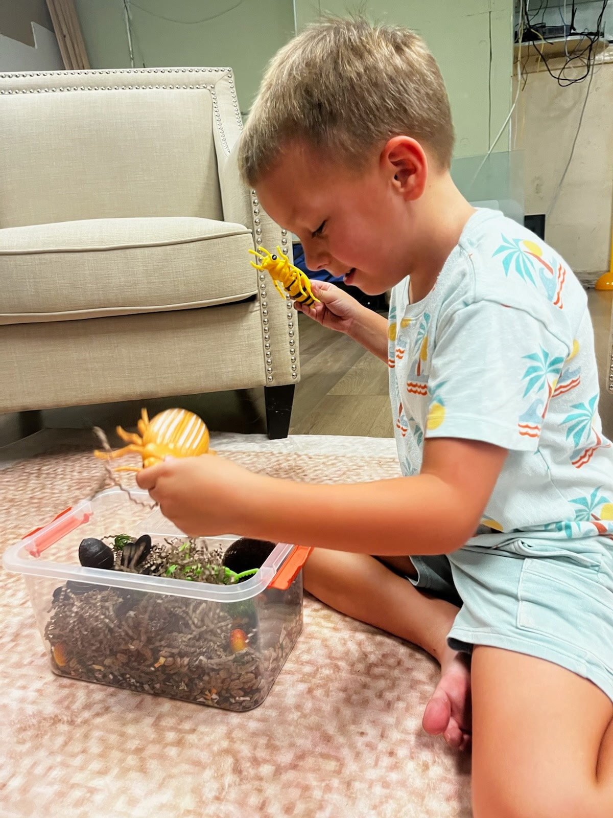 Child exploring an insect habitat during a recreation therapy activity